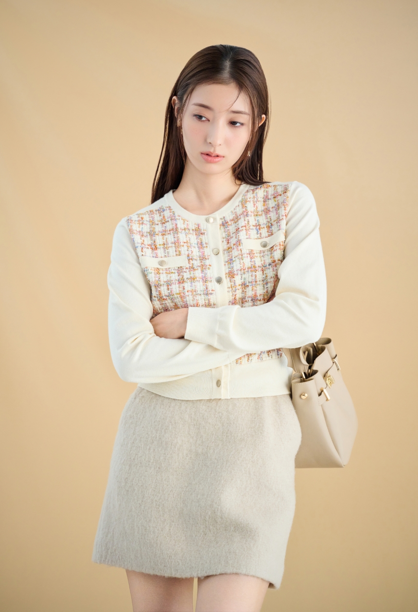 Jacket Tops Skirt Earrings Bag Shoesを着用したモデル