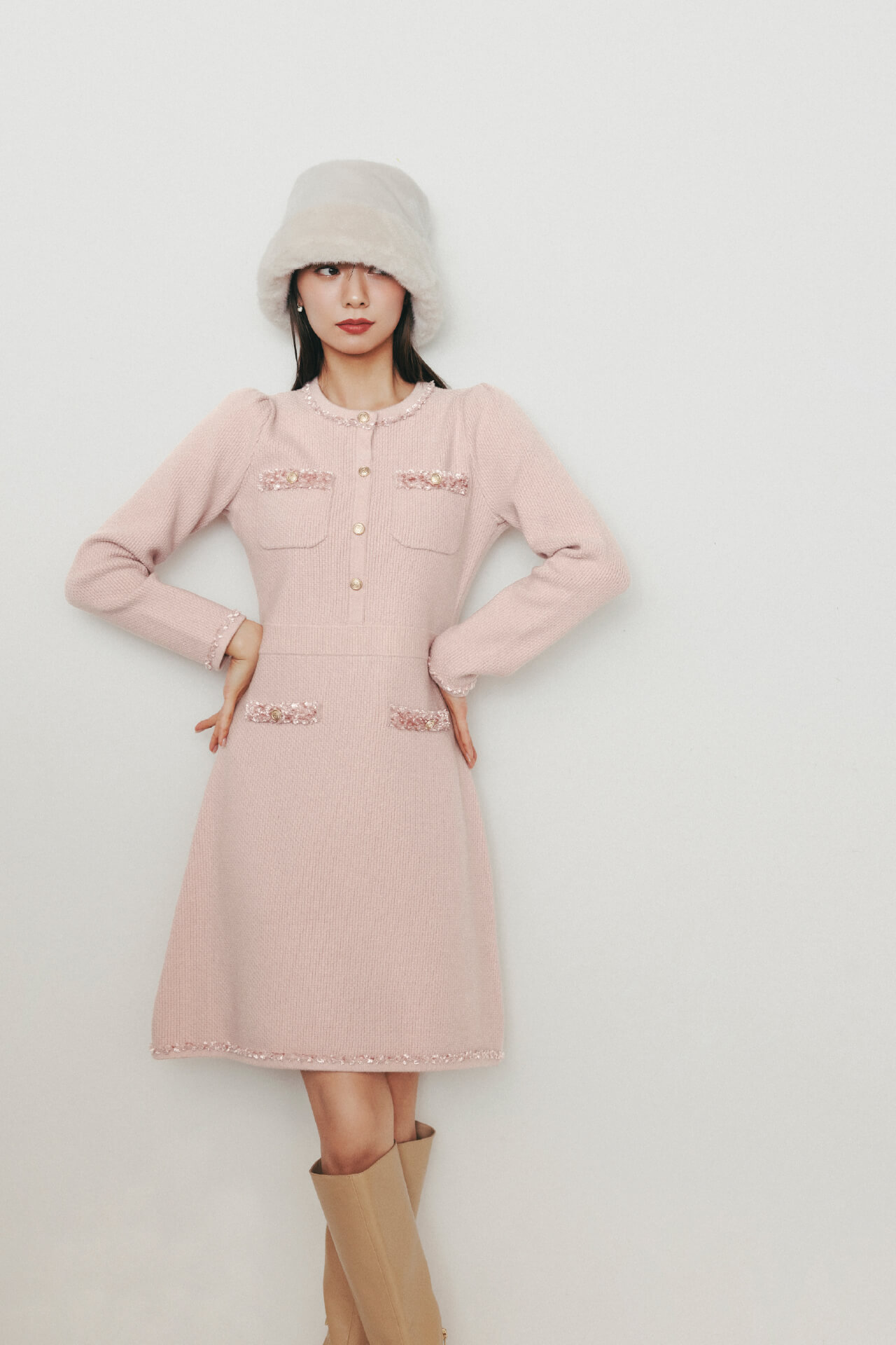 ツイード風ニットドレス ピンク着用イメージ