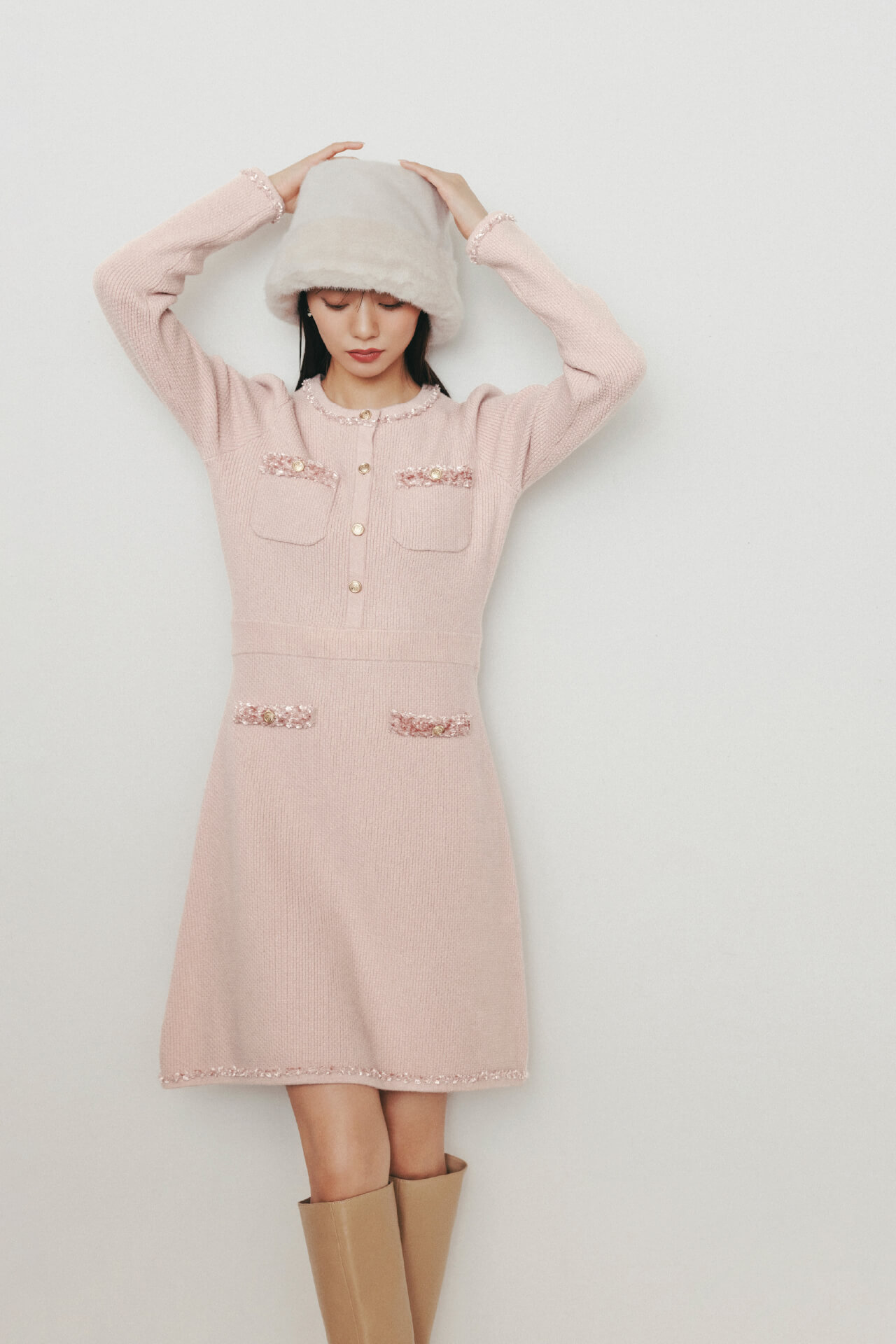 ツイード風ニットドレス ピンク着用イメージ