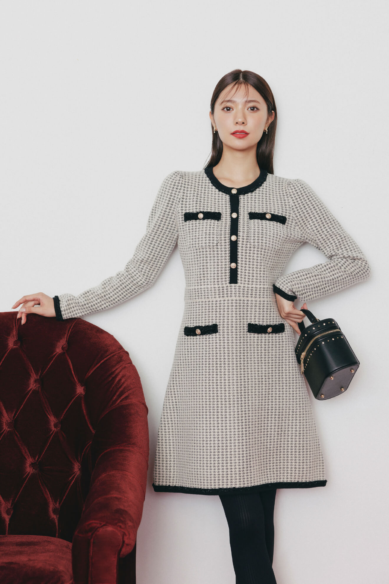 ツイード風ニットドレス チェック着用イメージ