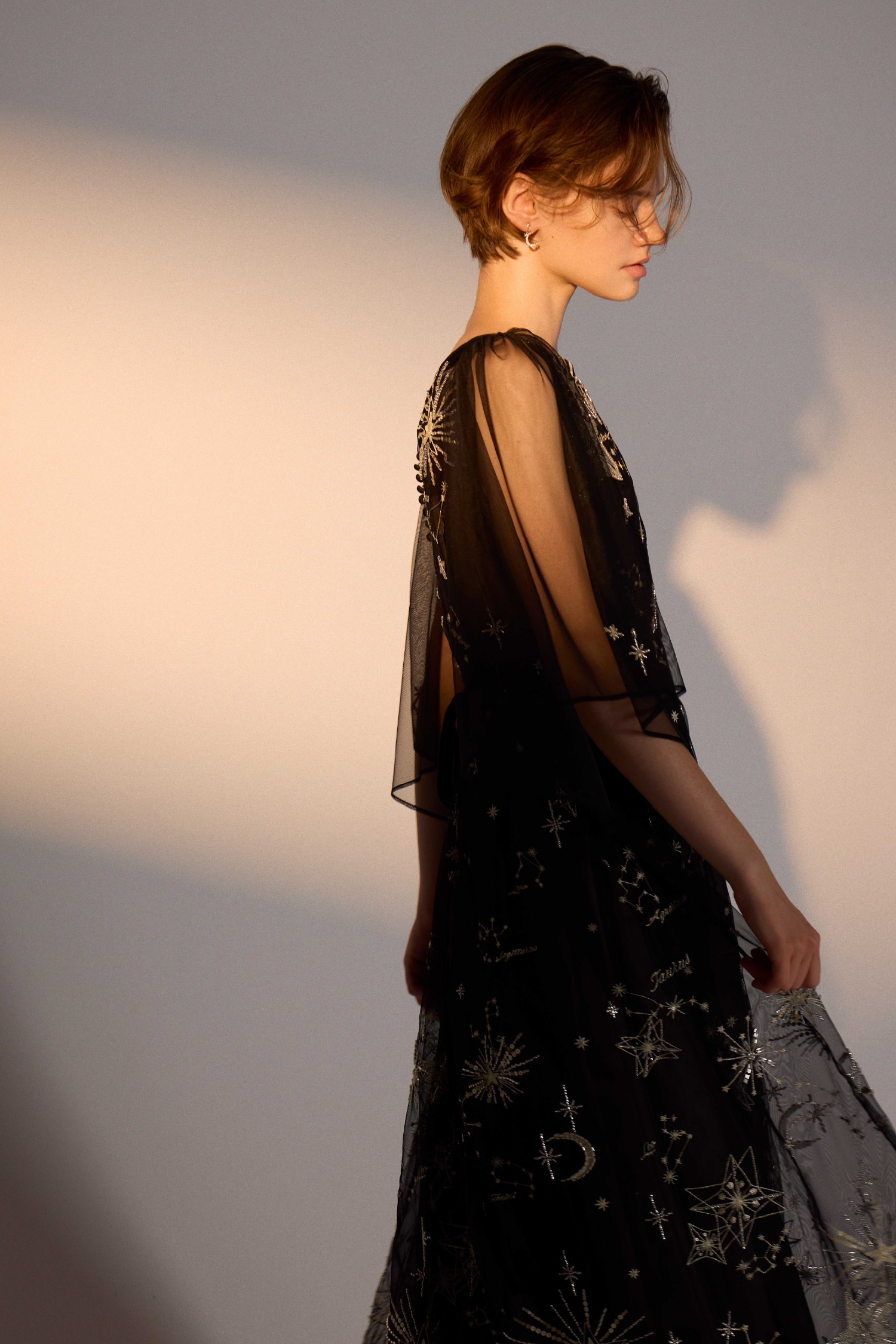 黒のスターリーチュールドレス・金のスターリービジューイヤリングの着用例